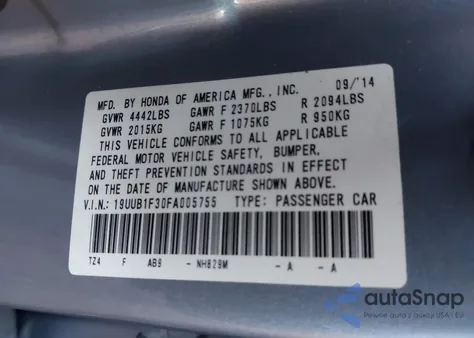 2015 Acura Tlx z USA, uszkodzony, nr VIN 19UUB1F30FA005755